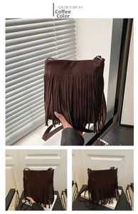 Detail display of a coffee brown faux suede tassel shoulder bag from multiple angles