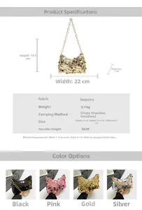 Detailed size chart and color options for the sequin chain shoulder bag in four colors