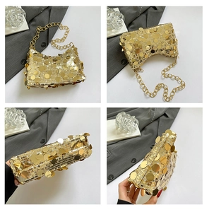 Detail shots of gold sequin crescent bag showing chain strap, base and zip closure
