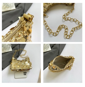 Detail view of gold sequin hobo bag with metal chain strap and phone size comparison