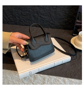 Détail du mini sac en cuir grainé noir avec fermoir doré posé sur un livre blanc
