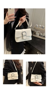 Detailed views of a white minimalist shoulder bag featuring a silver square buckle closure