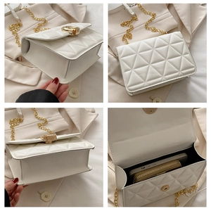 Detailed views of white quilted crossbody bag with gold hardware and interior space