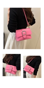 Detail of pink patent leather square shoulder bag with silver buckle and sleek strap