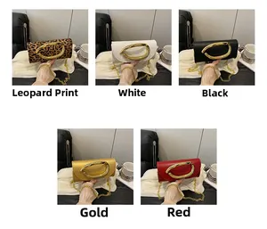 Collage of mini chain bags in five colors with golden oval metal ring handles