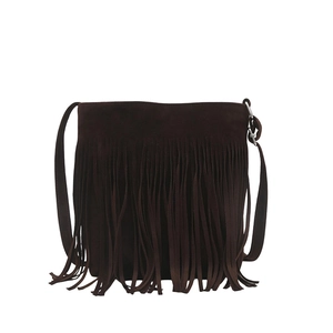 Dark brown suede crossbody bag with long fringes in bohemian style on white background