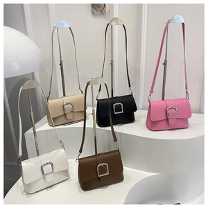 Group display of chic rectangular flap bags with oversized silver metal buckles in five colors