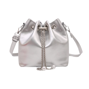 Silver bucket bag with metallic faux leather finish, chain drawstring, and pearl details