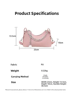Pink PU crossbody bag dimensions and specifications with silver chain strap detail