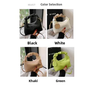 Collage of pleated mini handbags in black, white, khaki, and green colors