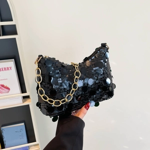 Sac À Épaule À Paillettes Femmes Sac Sous Le Bras Croissant Brillant Chaîne En Métal Doré Sac De Soirée Tendance