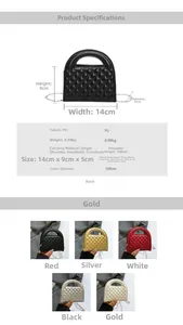 Detailed dimension guide and color options for the mini quilted chain crossbody bag