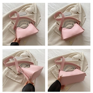 Detail shots of a pink crescent bag featuring a silver chain and wide shoulder strap
