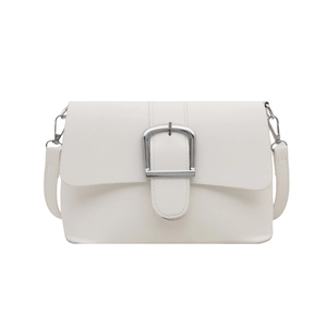Minimalist white square shoulder bag with a large silver U-shaped metal buckle detail