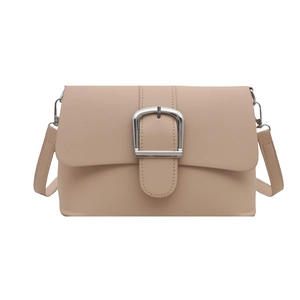 Minimalist beige patent leather shoulder bag with elegant silver U-shaped metal buckle