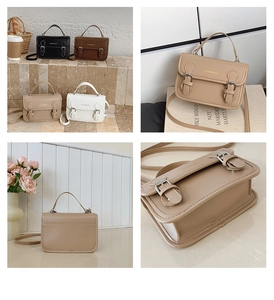 Detail shots of minimalist retro crossbody bags in four colors with handle and strap