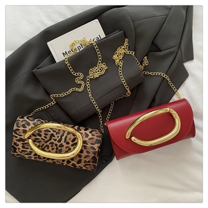 Close-up of leopard print and red leather mini bags with gold buckles and chain straps