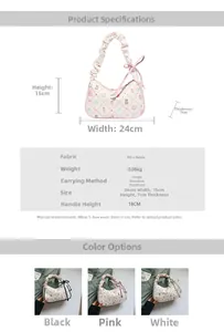 Size chart showing large capacity printed tote bag dimensions 24x15x7cm and material specs