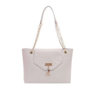 Beige tote bag with gold chain strap, triangle flap and deer pendant on white background