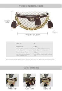 Detailed size chart and multi-color options for printed PU crossbody saddle bag