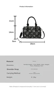 Detailed view of black plaid bucket bag with dimensions and adjustable shoulder strap