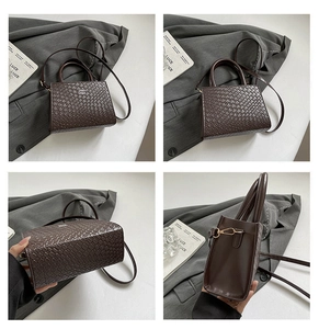 Detailed views of dark brown retro woven texture crossbody bag with gold hardware