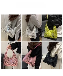 Detailed close-up of shiny sequin hobo bag in various colors for stylish shoulder carry