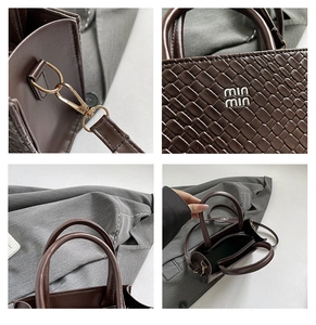 Close-up of woven texture, metal logo, and internal compartments of a dark brown crossbody bag