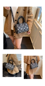 Detail of checkered bucket bag showing hand-carry and crossbody wear on a model