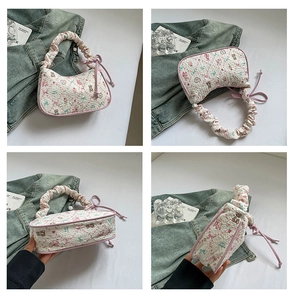 Detail views of floral puffy hobo bag with pink bear prints and ruffled handles