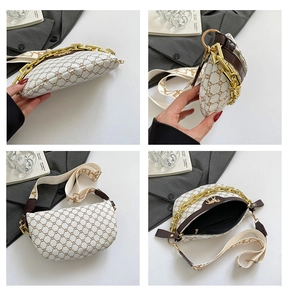 Detailed views of saddle bag with retro pattern, gold chain, and wide strap