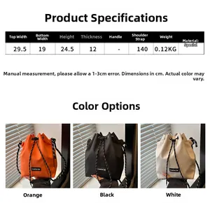 Size guide with dimensions for color-block nylon drawstring bucket bag in three colors