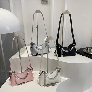Women PU Leather Underarm Bag Crescent Half Moon Hobo Shoulder Purse With Silver Metal Chain Decoration Trendy