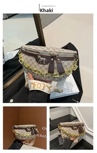 Detail of khaki chest bag with monogram texture, gold chain and horse-shaped hardware