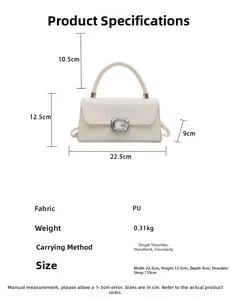 Detailed product parameters of white PU leather crossbody bag with silver G buckle