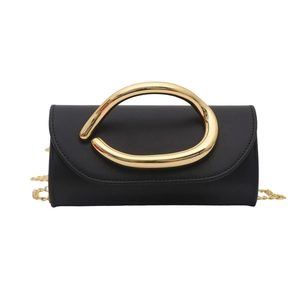 Vintage black leather box handbag with unique gold curved handle and chain strap