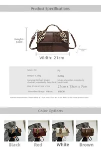 Detailed size chart and multi-color options for the trendy PU leather crossbody bag