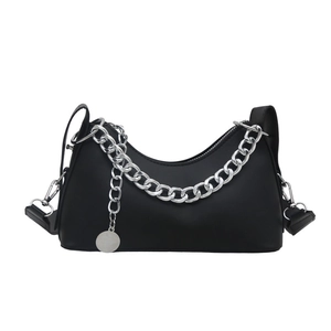 Fashionable black PU leather underarm bag with silver chain and adjustable shoulder strap
