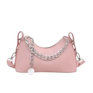 Pink crescent moon underarm bag with thick silver chain and smooth faux leather