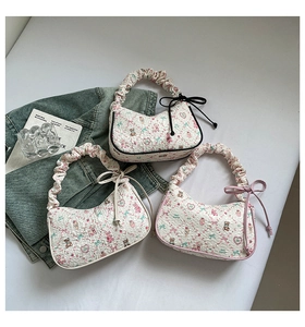 Close-up of jacquard fabric handbags with cute bear prints and ruffled strap detail