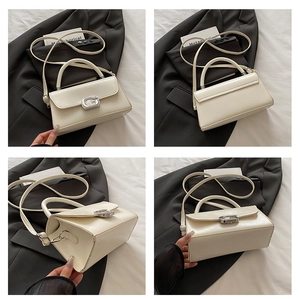 Detailed close-up of cream square handbag with silver G buckle and leather texture