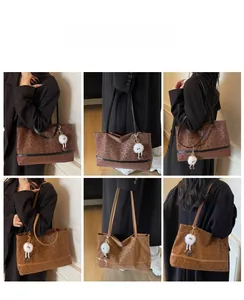 Leopard print tote bag with plush charm shown in a six-grid lifestyle model showcase