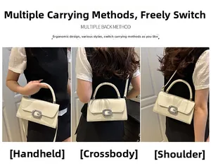 Detail of cream patent leather mini bag showing metal G-buckle and three styling options