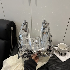 Silver sequin underarm bag for women with metallic round sequins and faux leather strap