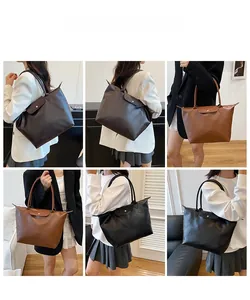Detail view of large tote bags in black, coffee, and brown faux leather with snap flaps