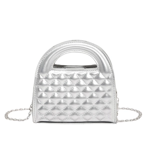 Silver quilted metallic handbag with rhombus stitching and elegant chain shoulder strap