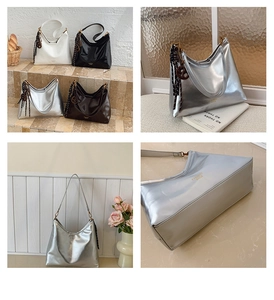 Présentation en quatre couleurs de sacs cabas brillants en noir, blanc, argent et marron
