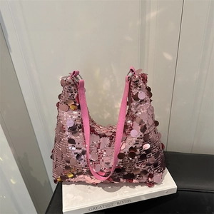 Pink sequin hobo shoulder bag with shiny metallic finish for women autumn fashion