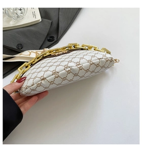 Macro view of white leather crossbody bag with vintage brown pattern and gold chain strap