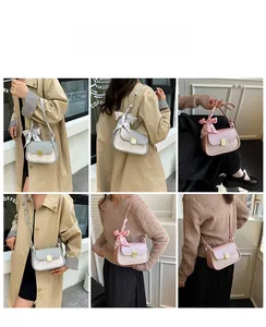 Detail showing women's PU crossbody bag with silk scarf handle in various street scenes